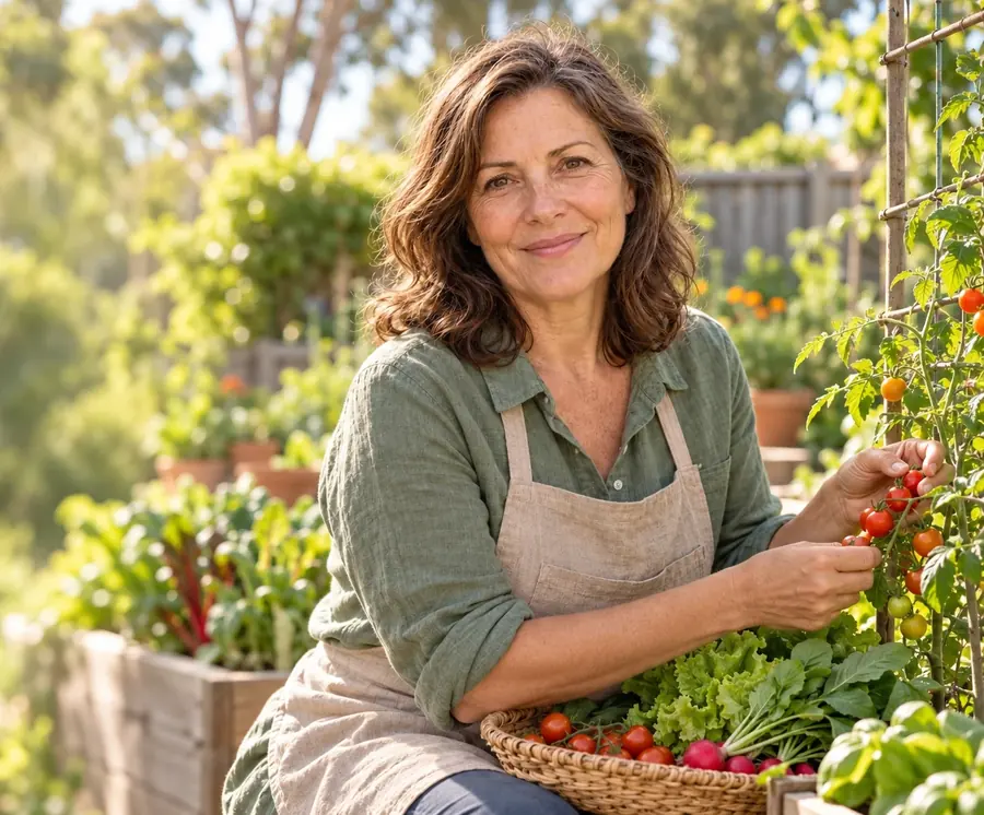 Illustrative brand photo: a gardener picking cherry tomatoes from a raised bed, with a basket of salad leaves and radishes