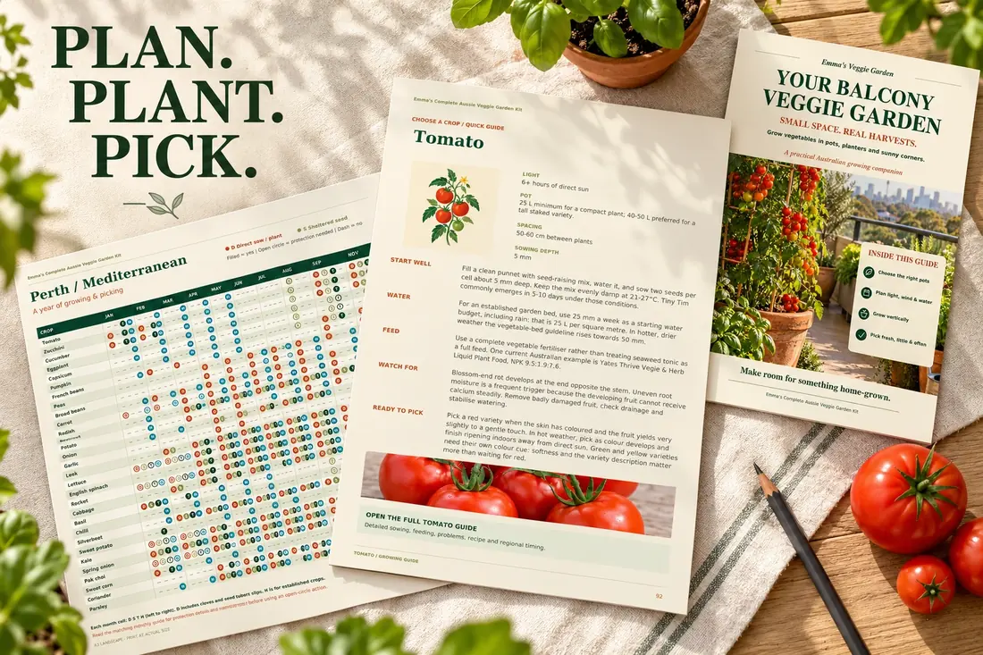 Printed pages from the kit on a table: a Perth year-round planting calendar, the tomato quick guide and the balcony guide cover