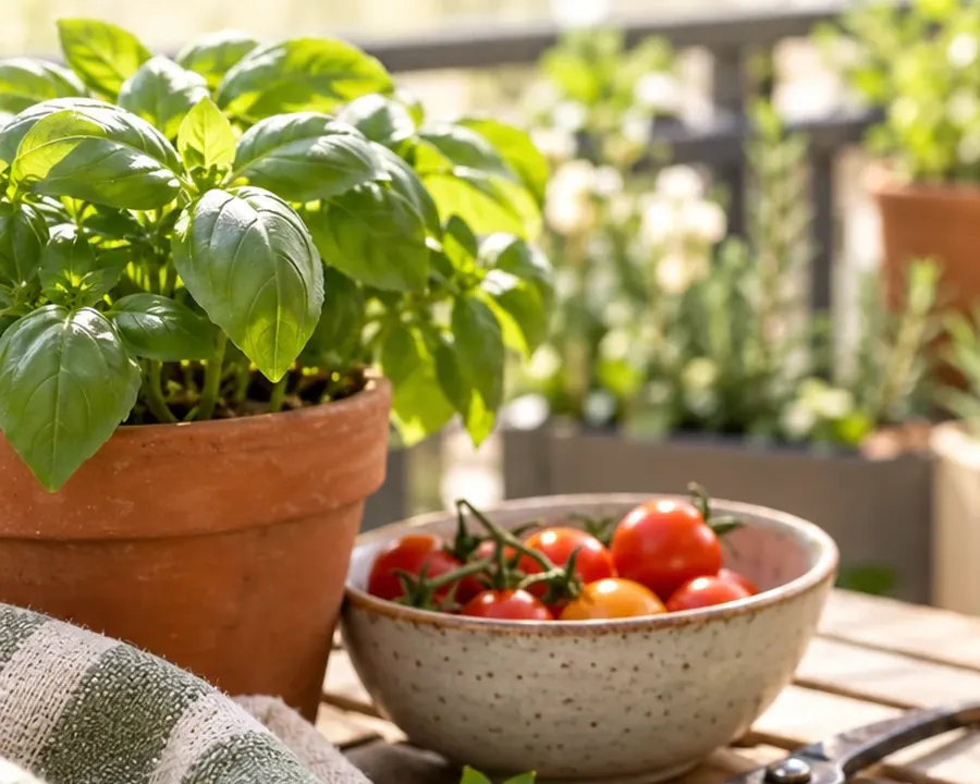 A pot of basil and a bowl of freshly picked cherry tomatoes on a sunny outdoor table