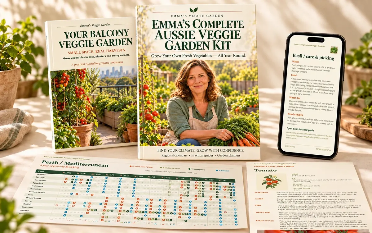 Emma's Complete Aussie Veggie Garden Kit shown printed and on a phone: the main guide with Emma on the cover, the balcony guide, a Perth planting calendar and a tomato quick guide