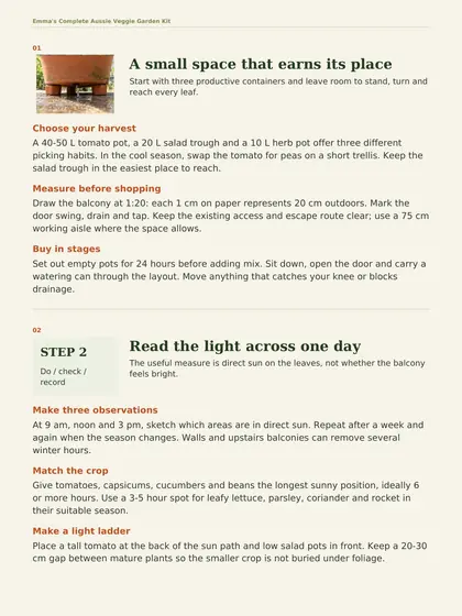 Balcony guide page: start with three containers, measure before shopping, buy in stages