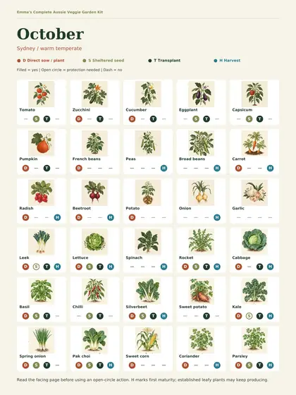 Sydney monthly guide October page: a grid of 30 illustrated crops marked sow, sheltered seed, transplant or harvest