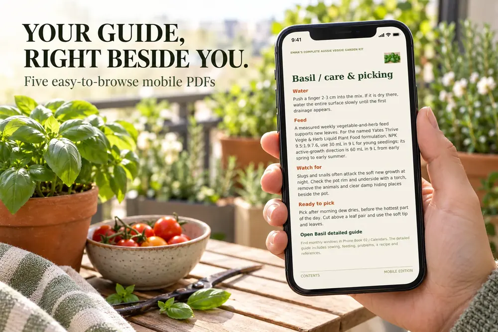 The basil care page from the phone edition, open on a smartphone next to a potted basil plant and a bowl of cherry tomatoes
